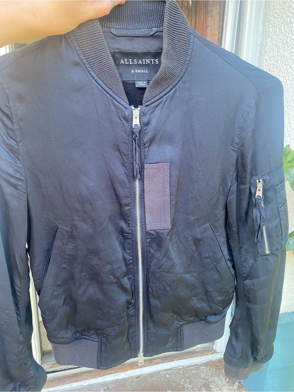 AllSaints Black Bomber Jacket with Sleeve Zip Pocket